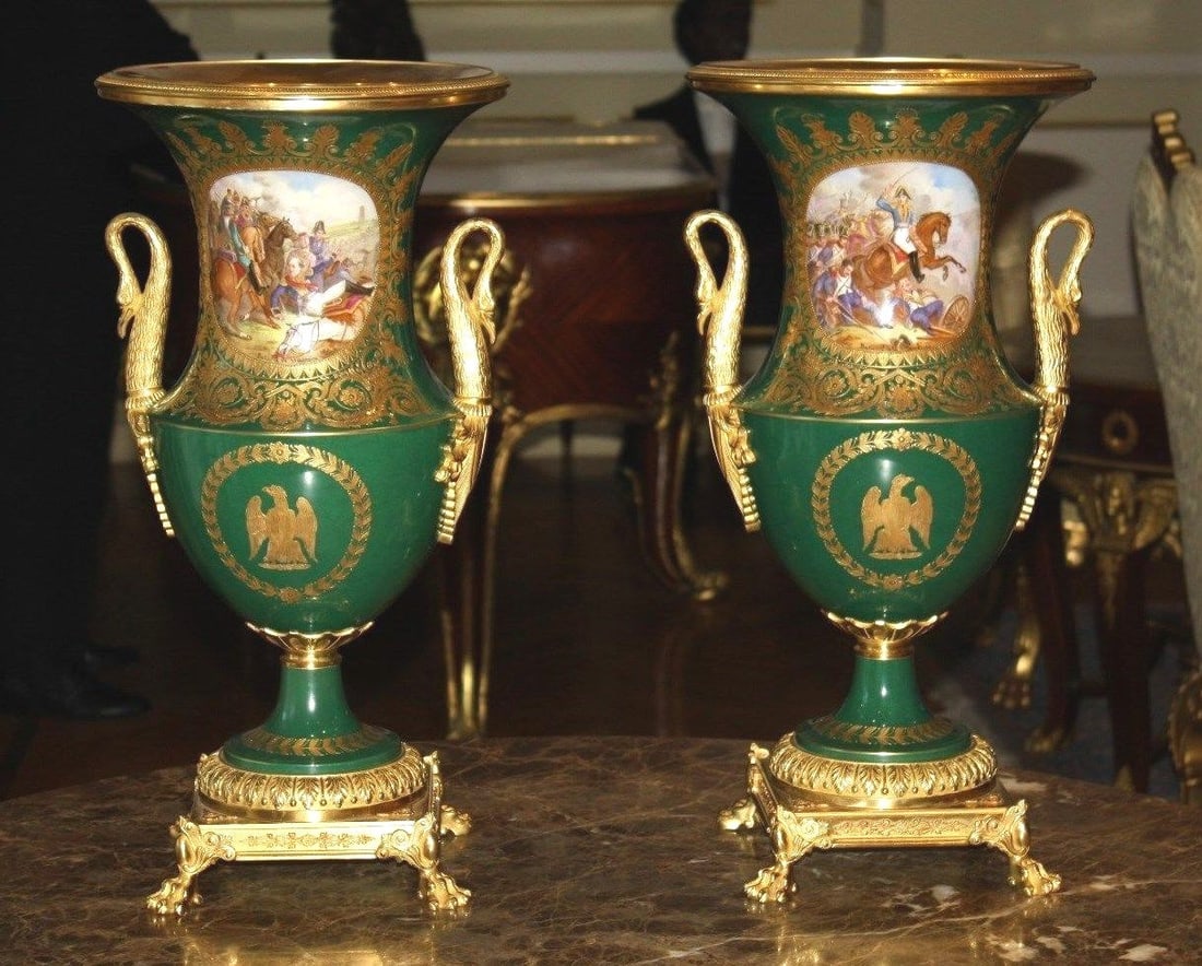19th Century French Sevres Urns Signed Hallmarked Pair from Christies: 19th Century French Sevres Urns Signed Hallmarked Pair from Christies Presenting a stunning pair of 19th century French Sevres urns, exquisitely signed and hallmarked. These urns are in mint condition