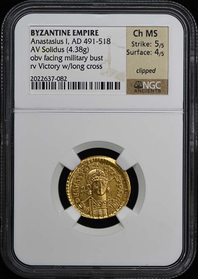 Byzantine Empire Anastasius I AV Solidus NGC Ch MS 5/4: Byzantine Empire Anastasius I AV Solidus NGC Ch MS 5/4 This is a Byzantine Empire AV Solidus coin from the reign of Anastasius I, dating between AD 491 and 518. The coin has been certified and graded 