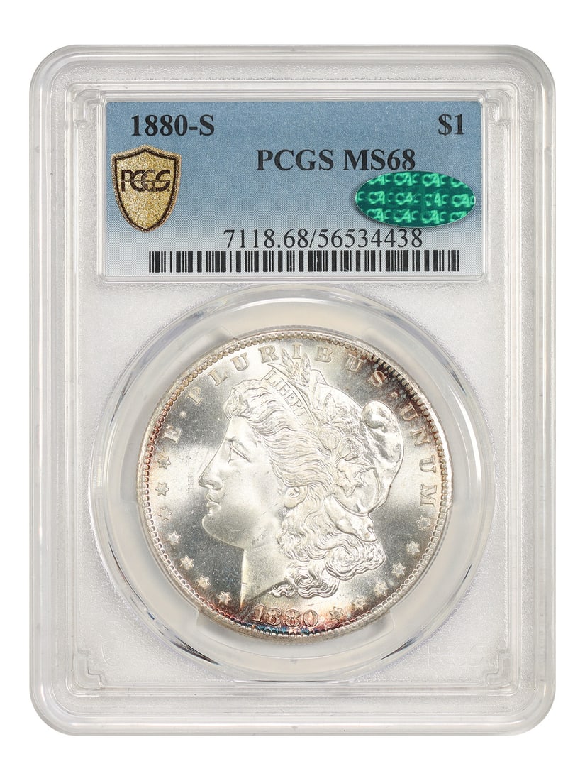 1880-S Morgan Dollar PCGS CAC MS68: 1880-S Morgan Dollar PCGS CAC MS68 This 1880-S Morgan Dollar is certified by PCGS with a grade of MS68 and features a CAC sticker, highlighting its exceptional quality. Struck at the San Francisco Min