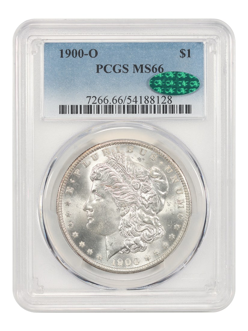PCGS CAC MS66 1900 O Morgan Dollar New Orleans Mint: PCGS CAC MS66 1900 O Morgan Dollar New Orleans Mint This 1900-O Morgan Dollar is graded MS66 by PCGS and features CAC approval. Struck at the New Orleans Mint, this popular Morgan Dollar is recognized
