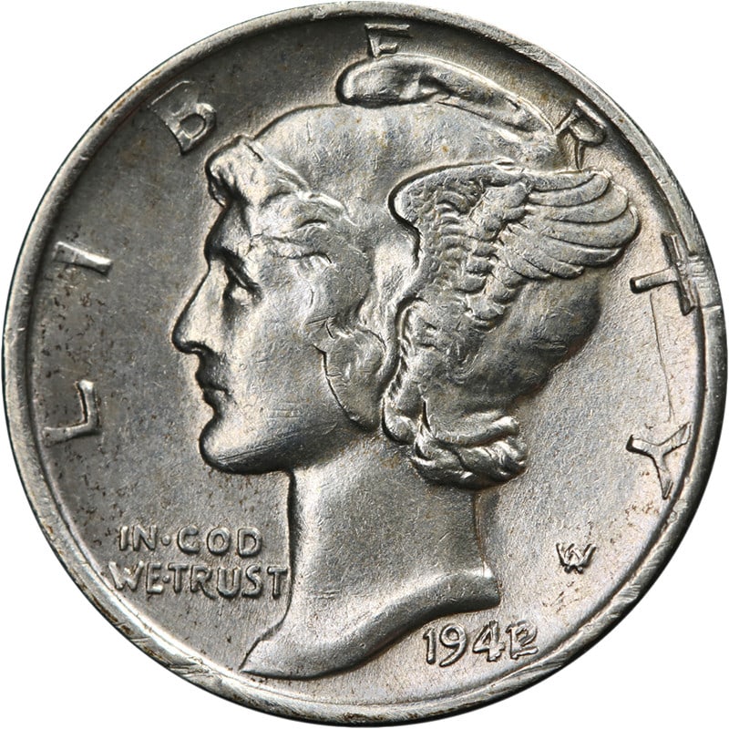 1942 1 P Mercury Dime Silver Key Date AU BU Details: 1942 1 P Mercury Dime Silver Key Date AU BU Details This 1942/1-P Mercury Dime is a key date coin featuring attractive luster and a well-struck design. The coin is composed of 90% silver and displays 