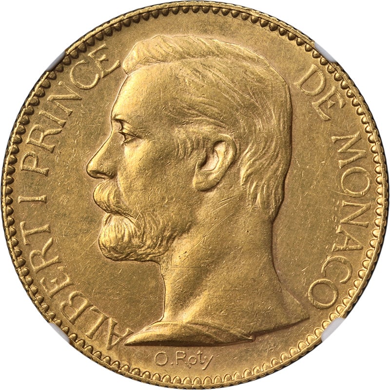 1895 Monaco Gold 100 Franc Coin NGC AU55 Certified: 1895 Monaco Gold 100 Franc Coin NGC AU55 Certified This 1895 A Monaco Gold 100 Franc coin, certified by NGC with a grade of AU55, showcases excellent eye appeal with its lustrous and well-struck surfa