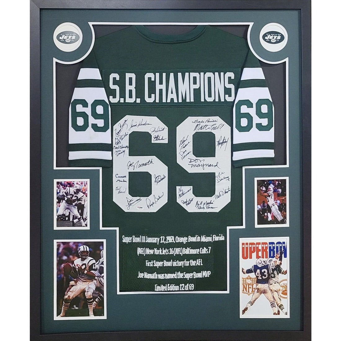 1969 New York Jets Signed Framed Jersey Joe Namath PSA/DNA Authenticated 25 Autographs: 1969 New York Jets Signed Framed Jersey Joe Namath PSA/DNA Authenticated 25 Autographs This framed jersey is a must-have collectible for fans of the New York Jets and football enthusiasts alike. It co