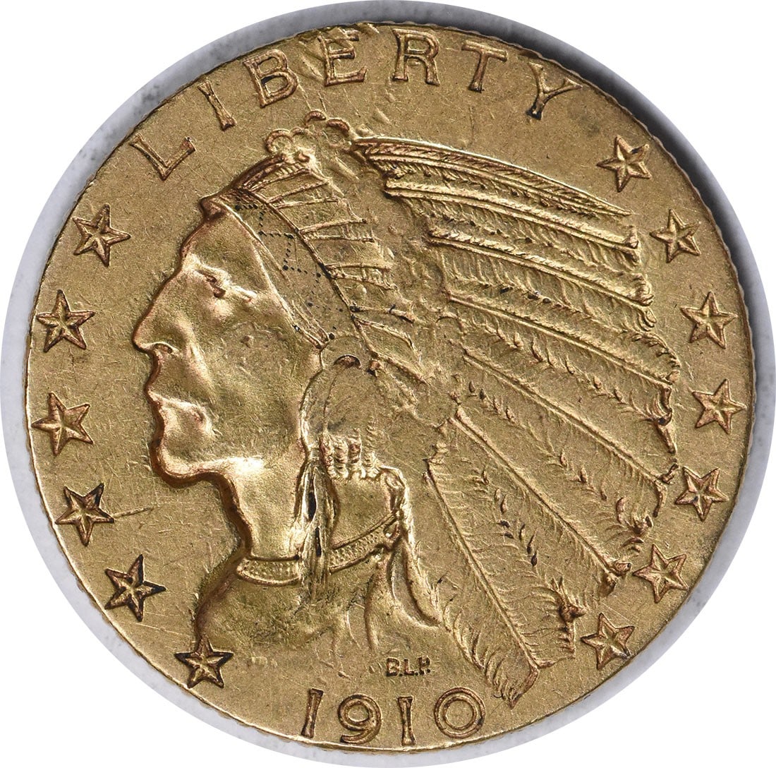 1910 San Francisco $5 Indian Head Gold Coin Extra Fine Uncertified: 1910 San Francisco $5 Indian Head Gold Coin Extra Fine Uncertified This 1910-S $5 Gold Indian coin from the United States was minted in San Francisco and features the iconic design by Bela Lyon Pratt.