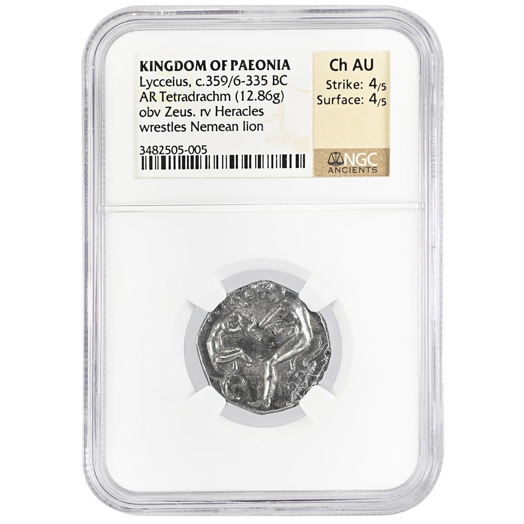 NGC Certified Silver Tetradrachm of Lycceius: NGC Certified Silver Tetradrachm of Lycceius This ancient silver tetradrachm originates from the Kingdom of Paeonia and dates to the reign of Lycceius, circa 359/6-335 BC. The coin is composed of silv