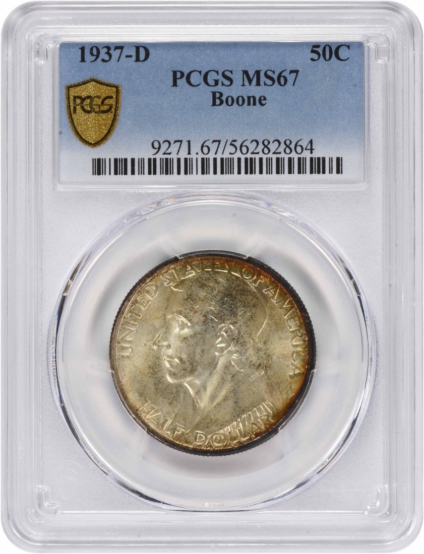 PCGS MS67 1937-D Boone Silver Half Dollar Commemorative: PCGS MS67 1937-D Boone Silver Half Dollar Commemorative This 1937-D Boone Commemorative Half Dollar is graded MS67 by PCGS. Struck in Denver, it is composed of 90% silver and 10% copper, and features 