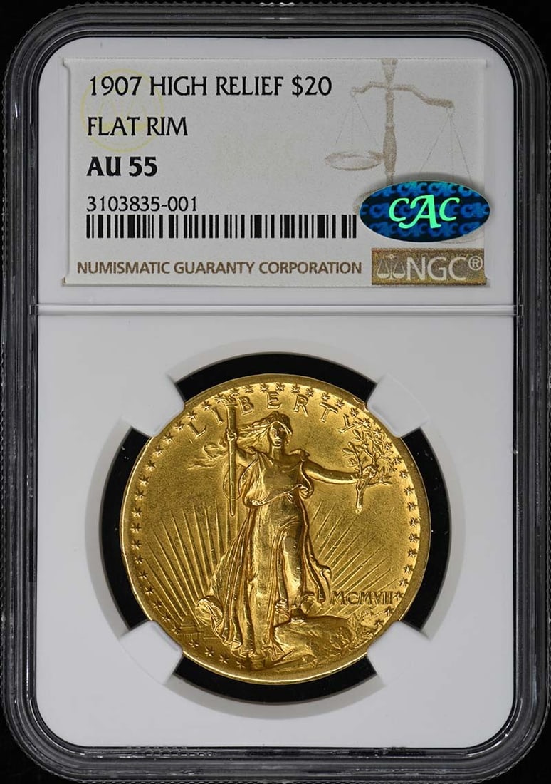 1907 Saint Gaudens $20 High Relief Flat Rim NGC AU55 CAC: 1907 Saint Gaudens $20 High Relief Flat Rim NGC AU55 CAC This is a 1907 High Relief Saint-Gaudens Flat Rim $20 gold coin, graded AU55 by NGC and featuring a CAC sticker. The coin was minted in Philade