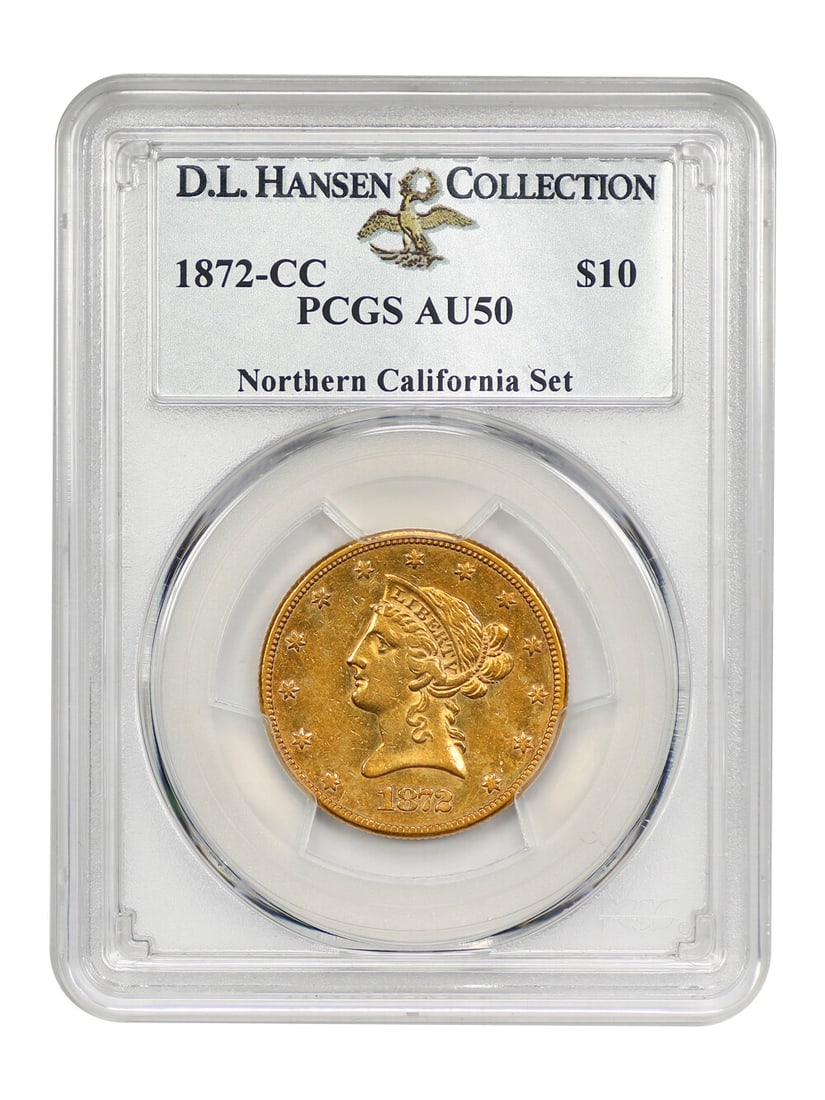 1872-CC $10 Liberty Head Gold Coin PCGS AU50 Rare Carson City: 1872-CC $10 Liberty Head Gold Coin PCGS AU50 Rare Carson City This 1872-CC $10 gold coin, certified by PCGS with a grade of AU50, is a remarkable example from the Liberty Head series. Struck in Carson