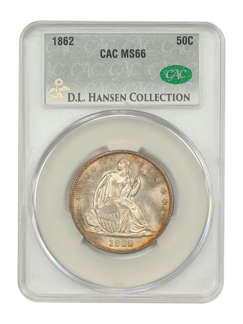 1862 Liberty Seated Half Dollar MS66 CACG D.L. Hansen RARE Coin: 1862 Liberty Seated Half Dollar MS66 CACG D.L. Hansen RARE Coin This 1862 Liberty Seated Half Dollar, graded MS66 by CACG (Certification Number: 263163487), showcases remarkable features and a strikin