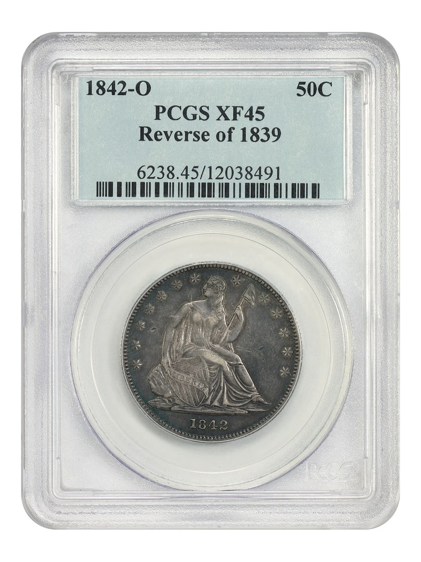 PCGS XF45 1842 O Seated Half Dollar Small Date: PCGS XF45 1842 O Seated Half Dollar Small Date This 1842-O Liberty Seated Half Dollar features the Small Date, Reverse of 1839 variety. Graded XF45 by PCGS, this circulated coin is notable for its dee