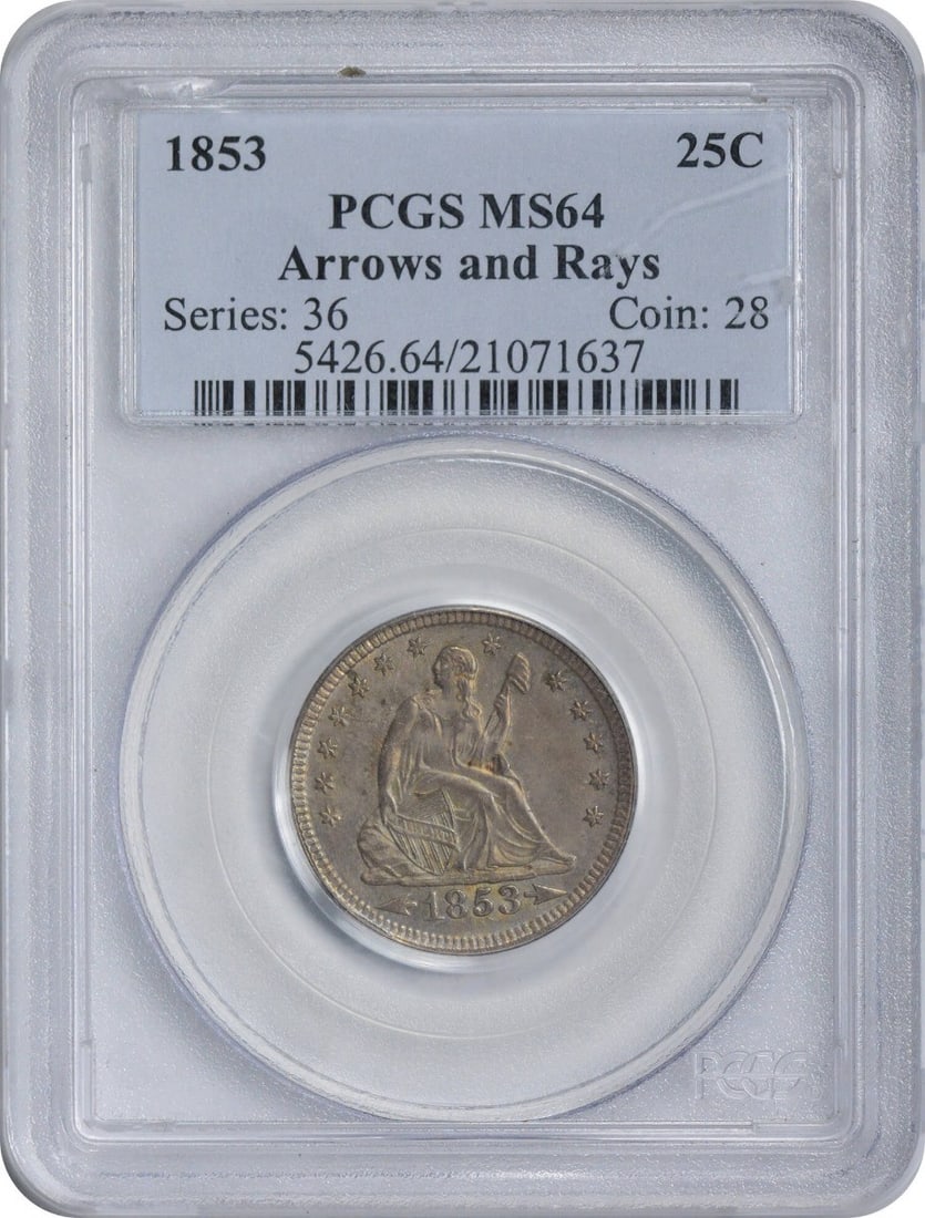 PCGS MS64 1853 Seated Liberty Quarter Arrows and Rays: PCGS MS64 1853 Seated Liberty Quarter Arrows and Rays This 1853 Liberty Seated Quarter features the Arrows and Rays design and is certified by PCGS with a grade of MS64. Struck in Philadelphia, this u