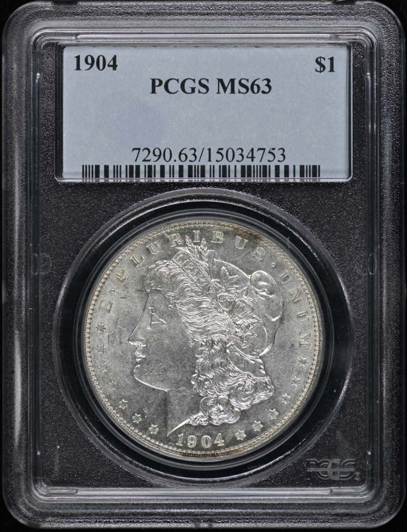 PCGS MS63 1904 Morgan Dollar Philadelphia Mint: PCGS MS63 1904 Morgan Dollar Philadelphia Mint This 1904 Morgan Dollar is graded MS63 and certified by PCGS. Struck in Philadelphia, this uncirculated coin features the iconic Morgan Dollar design and