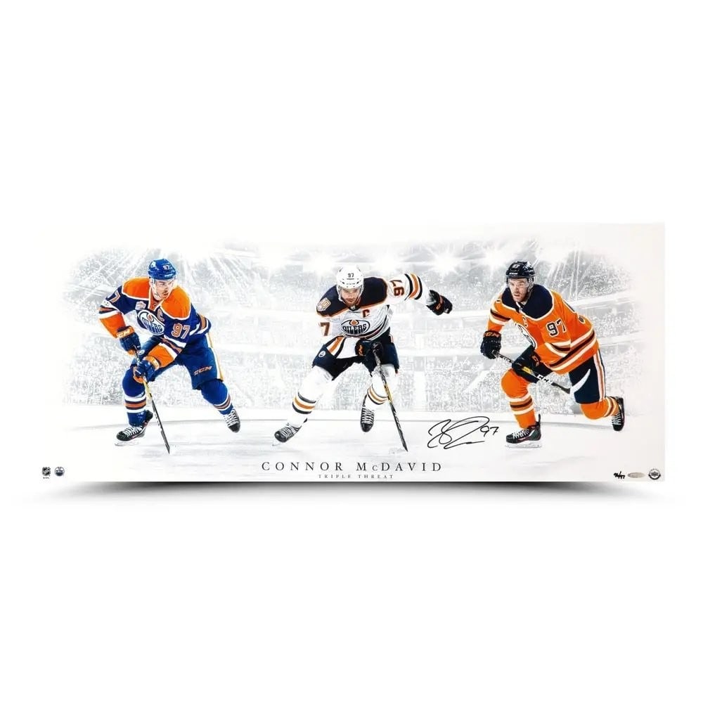 Connor McDavid Autographed 15x36 Photo Triple Threat Oilers Limited Edition #/97: Connor McDavid Autographed 15x36 Photo Triple Threat Oilers Limited Edition #/97 Celebrate the talent of Connor McDavid with this stunning autographed 15X36 photo titled "Triple Threat." This original