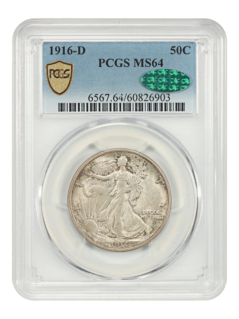 1916 Denver Mint Walking Liberty Half Dollar PCGS CAC MS64: 1916 Denver Mint Walking Liberty Half Dollar PCGS CAC MS64 This is a 1916-D Walking Liberty Half Dollar, graded MS64 by PCGS and verified by CAC. It is an uncirculated first-year issue from the Denver