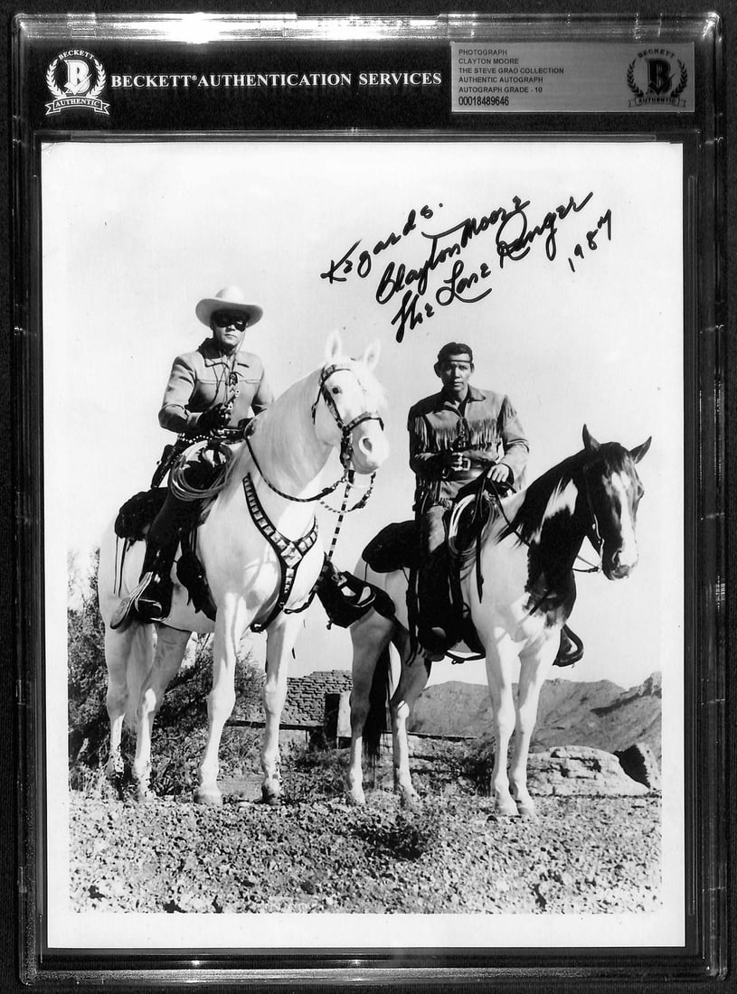 Clayton Moore Signed 8x10 The Lone Ranger Photo Inscribed BECKETT Auto 10: Clayton Moore Signed 8x10 The Lone Ranger Photo Inscribed BECKETT Auto 10 This striking 8x10 black-and-white publicity still features Clayton Moore, the original Lone Ranger, in full costume alongside