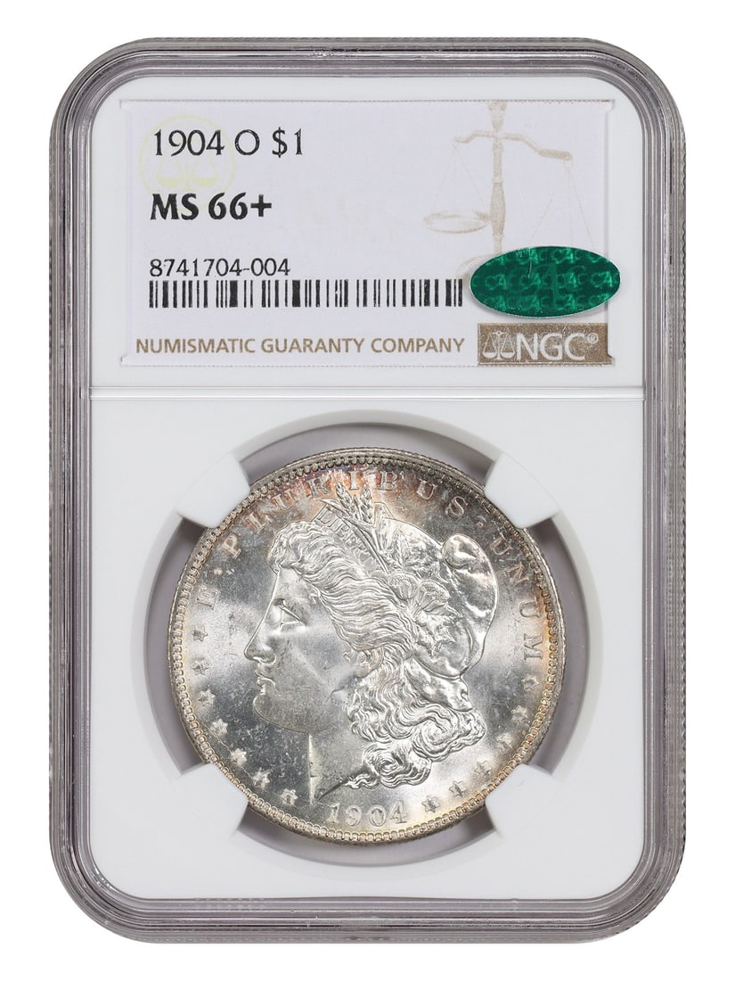 1904-O Morgan Dollar NGC CAC MS66+ New Orleans Final Year: 1904-O Morgan Dollar NGC CAC MS66+ New Orleans Final Year This 1904-O Morgan Dollar is certified by NGC and features a CAC sticker, indicating its quality. It represents the final year the New Orleans