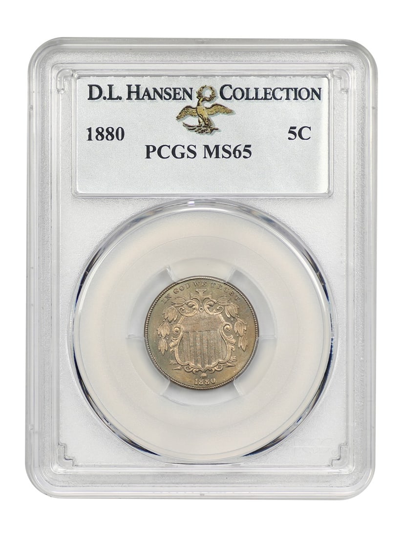 1880 PCGS MS65 Shield Nickel D.L. Hansen Scarce Business Strike: 1880 PCGS MS65 Shield Nickel D.L. Hansen Scarce Business Strike This 1880 Shield Nickel, graded MS65 by PCGS, is a remarkable example of this scarce business strike. With a low mintage, this coin stan