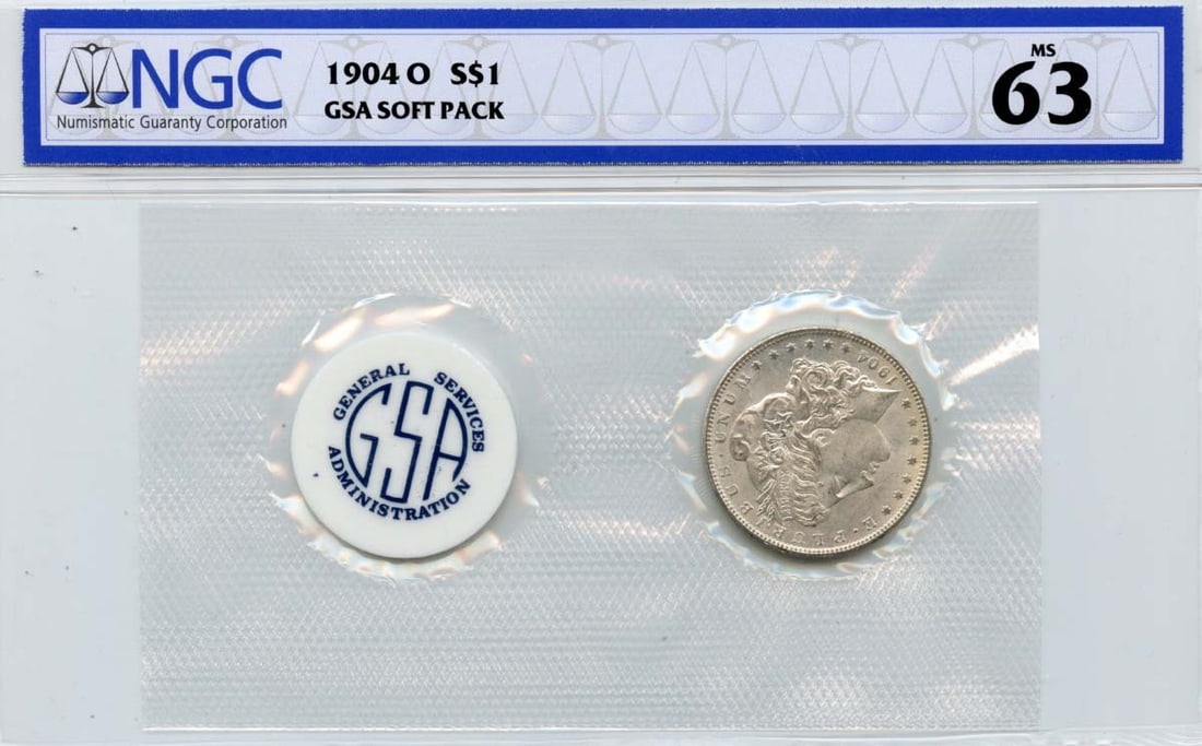 NGC MS63 1904-O Morgan Silver Dollar GSA Soft Pack New Orleans Mint: NGC MS63 1904-O Morgan Silver Dollar GSA Soft Pack New Orleans Mint This 1904-O Morgan Dollar is an uncirculated coin graded MS63 by NGC. Minted in New Orleans, it is presented in a GSA soft pack. Thi