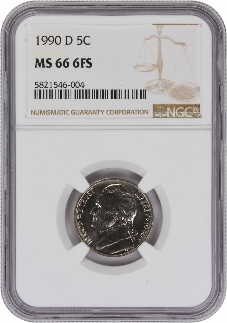 NGC MS66 1990 Denver Jefferson Nickel 6 Full Steps: NGC MS66 1990 Denver Jefferson Nickel 6 Full Steps This 1990-D Jefferson Nickel is graded MS66 with 6 Full Steps by NGC. Struck at the Denver Mint, it is composed of 75% copper and 25% nickel. Designe
