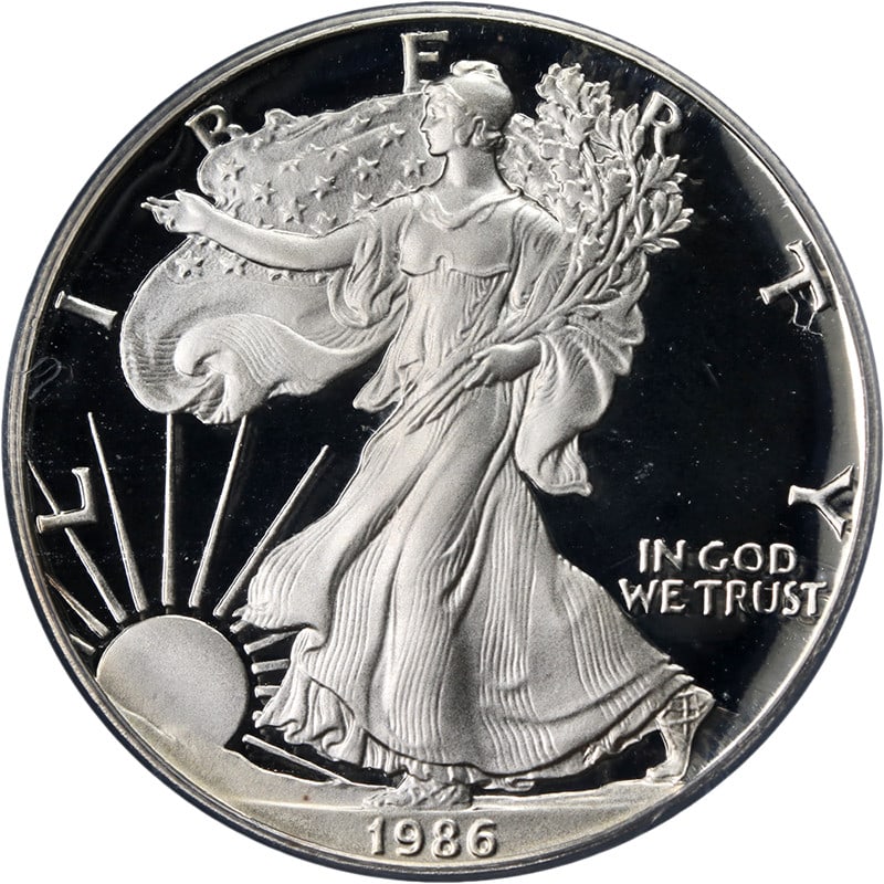 PCGS PR69 DCAM 1986-S Silver American Eagle Dollar Moy Signed Label: PCGS PR69 DCAM 1986-S Silver American Eagle Dollar Moy Signed Label This 1986-S Silver American Eagle $1 coin is certified by PCGS with a PR69 Deep Cameo (DCAM) grade and features the signature label 
