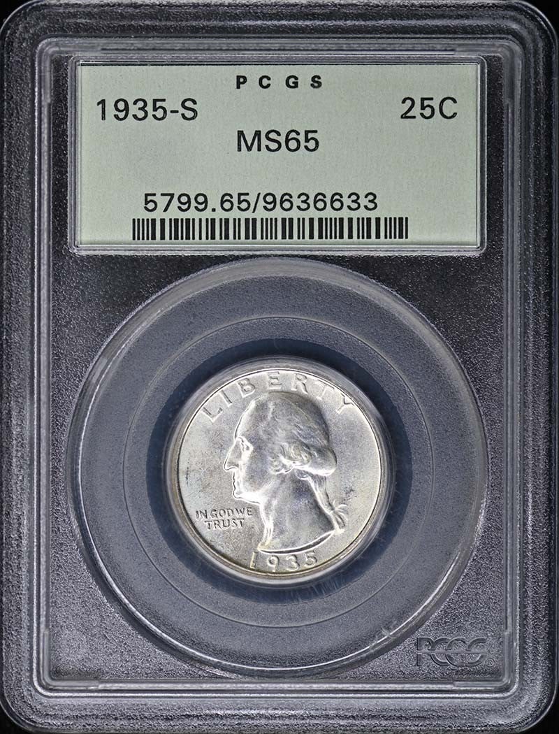 PCGS MS65 1935-S Washington Quarter: PCGS MS65 1935-S Washington Quarter This 1935-S Washington Quarter is graded MS65 by PCGS. Issued by the United States Mint in San Francisco, this uncirculated coin is a desirable piece for collectors