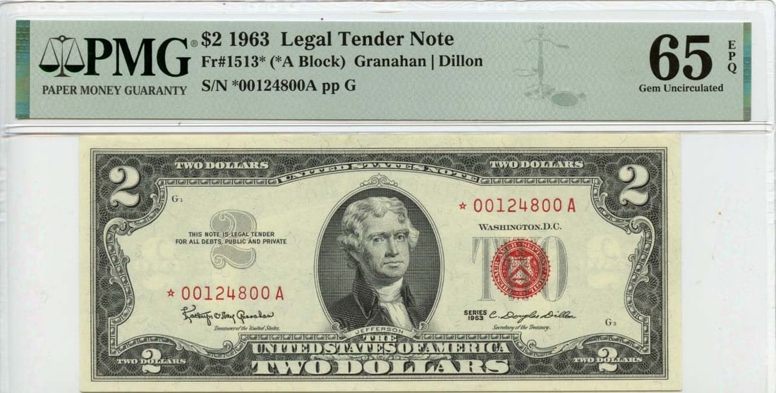 PMG Gem65 EPQ 1963 Red Seal $2 Legal Tender Note Fr 1513 Star: PMG Gem65 EPQ 1963 Red Seal $2 Legal Tender Note Fr 1513 Star This is a 1963 $2 Legal Tender Note featuring a red seal, cataloged as Fr# 1513*. The note is certified by PMG and has received a Gem65 EP