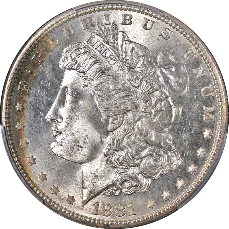 1881-S Morgan Silver Dollar PCGS MS65 Stunning Color and Eye Appeal: 1881-S Morgan Silver Dollar PCGS MS65 Stunning Color and Eye Appeal This stunning 1881-S Morgan Silver Dollar, certified by PCGS as MS65, showcases remarkable eye appeal with its fantastic luster and 