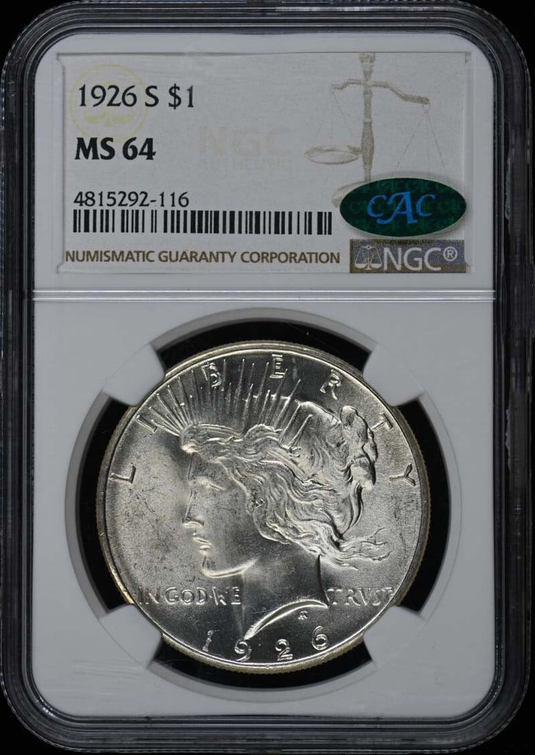 1926-S Peace Dollar NGC MS64 CAC San Francisco Coin: 1926-S Peace Dollar NGC MS64 CAC San Francisco Coin This 1926-S Peace Dollar is certified by NGC with a grade of MS64, indicating it is in uncirculated condition. Struck at the San Francisco mint, thi