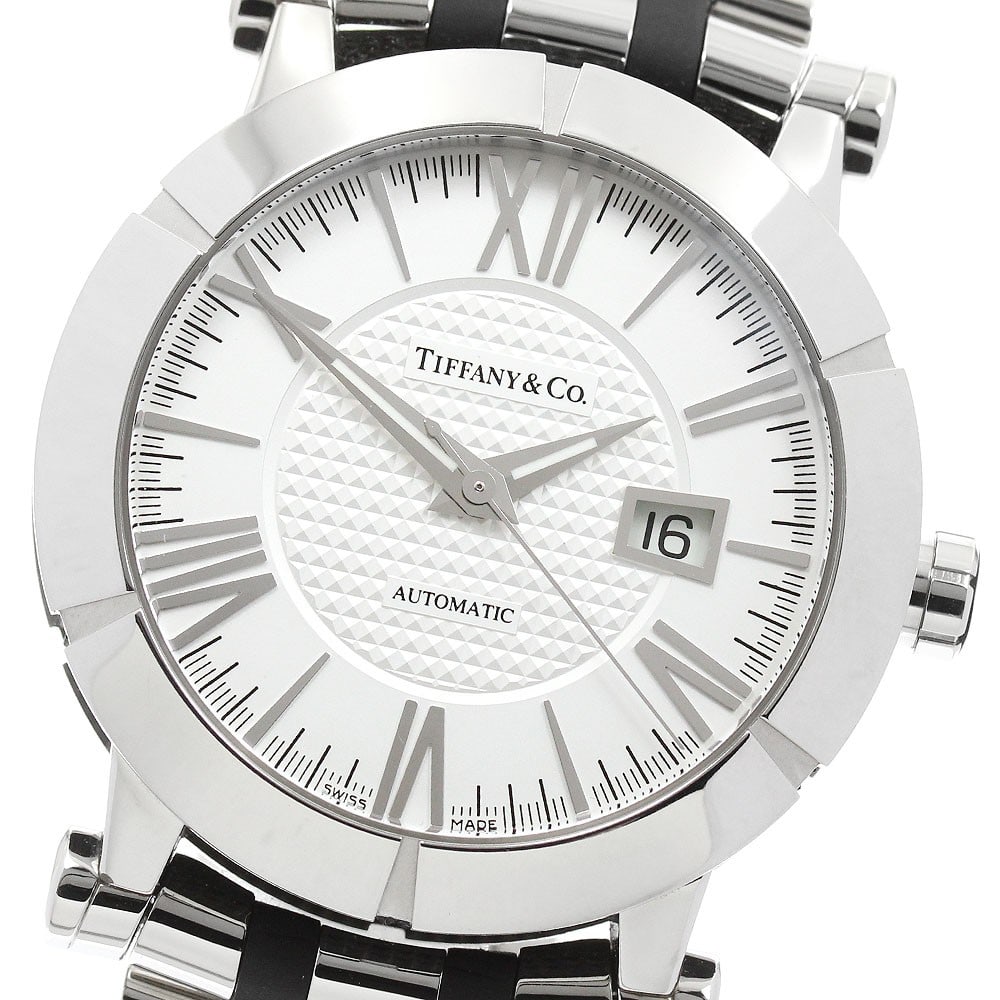 Tiffany Atlas Z1000 Automatic Date Men's Wristwatch: Tiffany Atlas Z1000 Automatic Date Men's Wristwatch This pre-owned Tiffany & Co. Atlas Date Automatic men's wristwatch features a stainless steel and rubber case and band, complemented by a silver dia