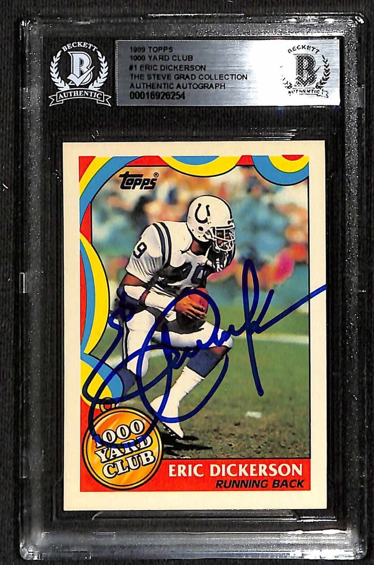 Eric Dickerson Signed 1989 Topps 1000 Yard Club Card Beckett Authenticated: Eric Dickerson Signed 1989 Topps 1000 Yard Club Card Beckett Authenticated This autographed 1989 Topps 1000 Yard Club #1 sports trading card features the signature of Eric Dickerson, a Pro Football Ha