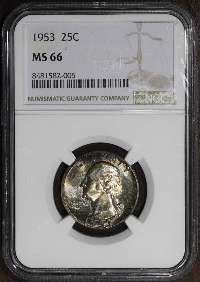 NGC MS66 1953 San Francisco Silver Washington Quarter Rainbow Toned: NGC MS66 1953 San Francisco Silver Washington Quarter Rainbow Toned This 1953 Washington Quarter features a vibrant rainbow toning and is graded MS66 by NGC. Struck in silver with a fineness of 0.9, t