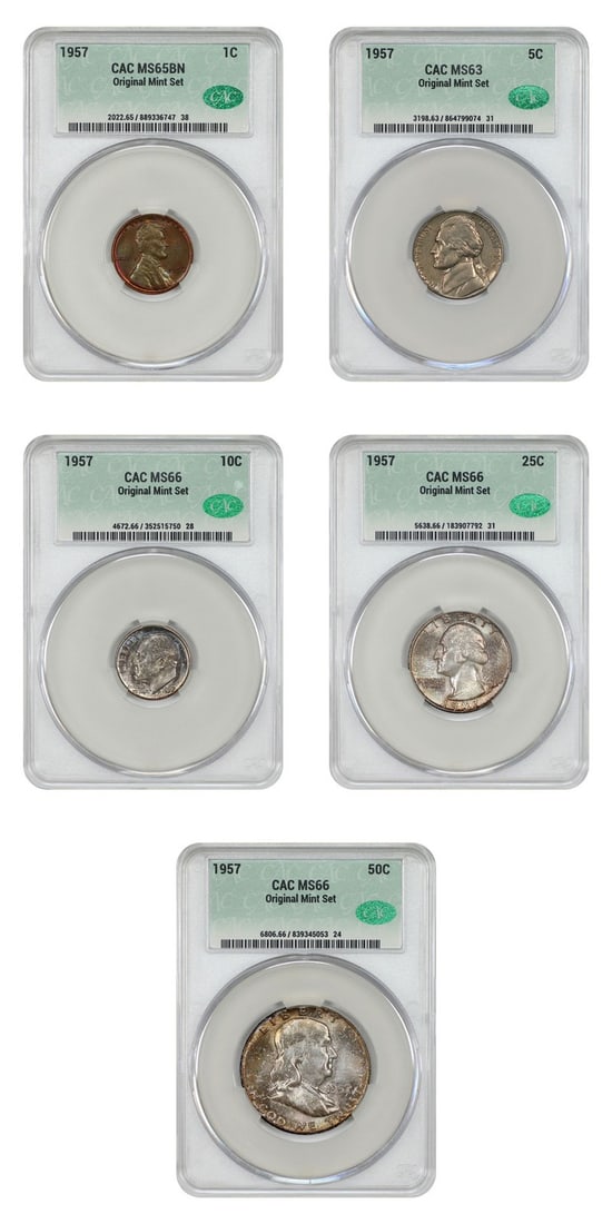 1957 Philadelphia CACG Mint Set 5 Coins MS63 to MS66: 1957 Philadelphia CACG Mint Set 5 Coins MS63 to MS66 This 1957 Mint Set includes five uncirculated coins from Philadelphia, comprising denominations from 1 cent to 50 cents. Each coin is graded by CAC