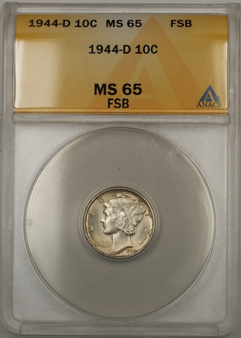 ANACS MS-65 1944-D Mercury Dime Silver Coin Full Bands Uncirculated: ANACS MS-65 1944-D Mercury Dime Silver Coin Full Bands Uncirculated 1944-D Silver Mercury Dime graded ANACS MS-65 with Full Split Bands and light toning. This uncirculated coin was minted in Denver an