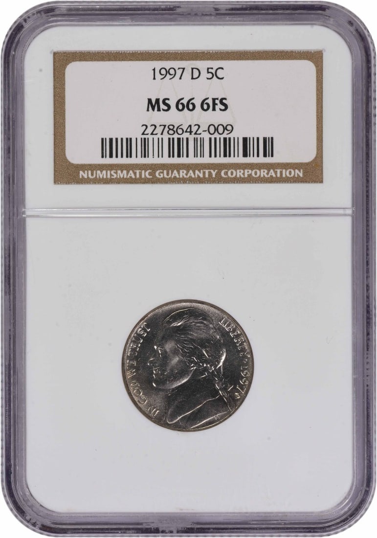 NGC MS66 1997 Denver Jefferson Five Cent Coin With 6 Full Steps: NGC MS66 1997 Denver Jefferson Five Cent Coin With 6 Full Steps This is a 1997-D Jefferson Nickel graded MS66 with 6 Full Steps by NGC. Struck at the Denver Mint, this uncirculated coin is composed of
