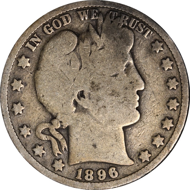 Circulated 1896-O Barber Half Dollar 90% Silver Coin: Circulated 1896-O Barber Half Dollar 90% Silver Coin This 1896-O Barber Half Dollar showcases a classic design that is a staple for collectors. Made of silver with a fineness of 0.9, this coin has bee