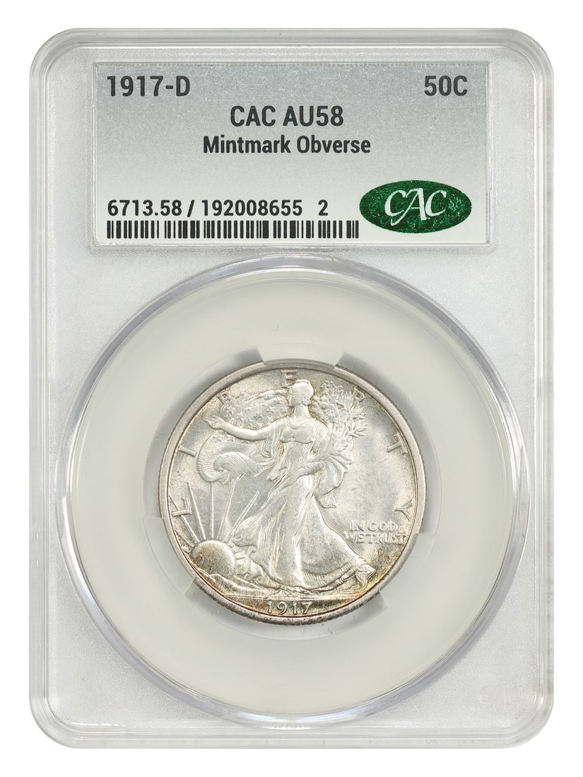 CACG AU58 1917 Denver Walking Liberty Half Dollar Obverse: CACG AU58 1917 Denver Walking Liberty Half Dollar Obverse This 1917-D Walking Liberty Half Dollar is a circulated example certified by CACG with a grade of AU58 (About Uncirculated 58). Minted in Denv