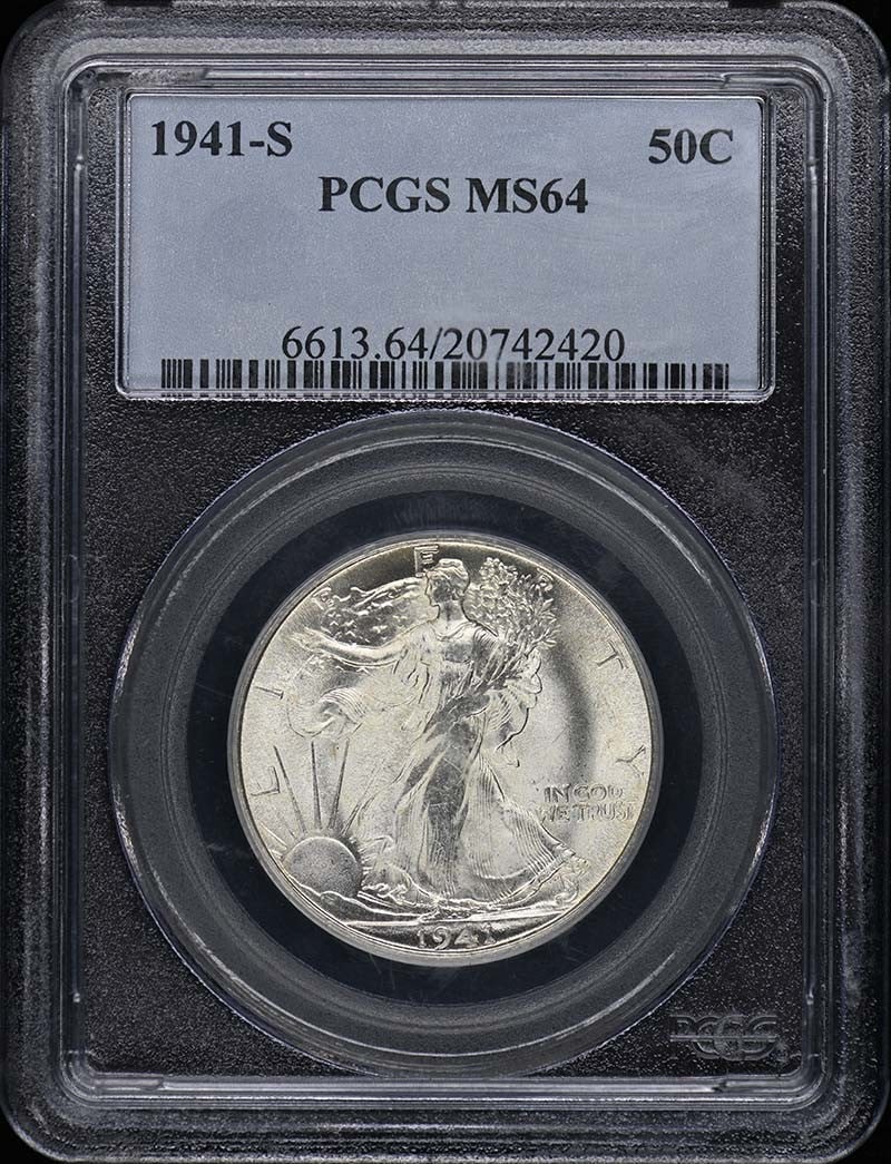 1941-S Walking Liberty Half Dollar PCGS MS64 Uncirculated: 1941-S Walking Liberty Half Dollar PCGS MS64 Uncirculated This 1941-S Walking Liberty Half Dollar is a beautiful uncirculated coin, certified by PCGS with a grade of MS64. Minted in San Francisco, thi