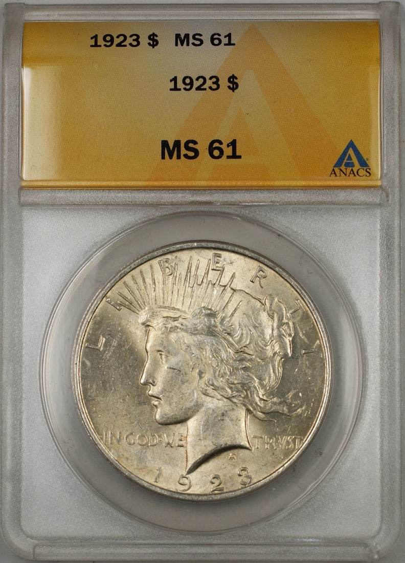 ANACS MS-61 1923 Peace Dollar Silver Coin From Philadelphia: ANACS MS-61 1923 Peace Dollar Silver Coin From Philadelphia This 1923 Peace Silver Dollar coin is certified by ANACS with a grade of MS-61, indicating an uncirculated condition. Minted in Philadelphia