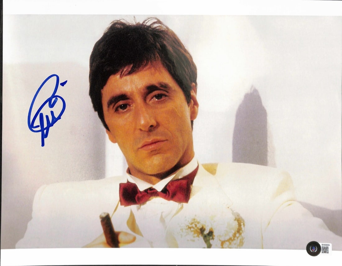 Al Pacino Signed 11X14 Scarface Photo Beckett Authenticated: Al Pacino Signed 11X14 Scarface Photo Beckett Authenticated This striking 11x14 photograph features Al Pacino as Tony Montana, authentically signed in blue permanent marker. The signature is certified