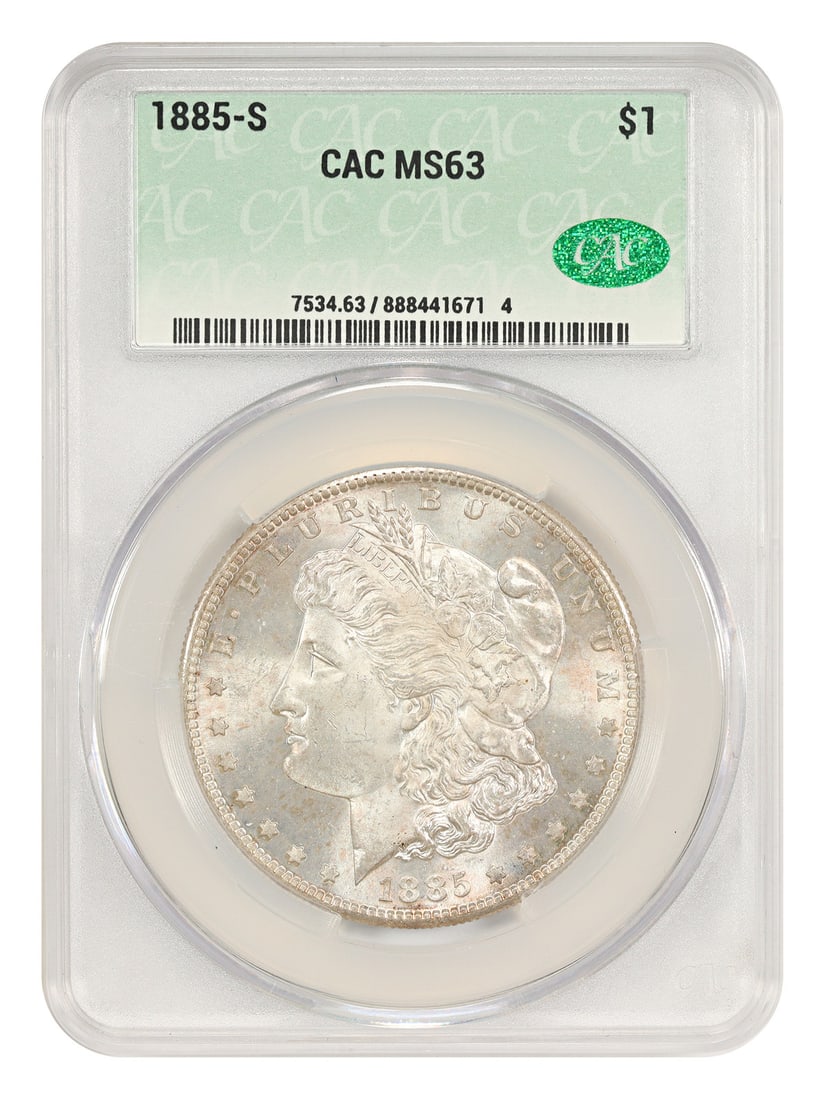 1885 San Francisco Morgan Dollar CACG MS63 $1: 1885 San Francisco Morgan Dollar CACG MS63 $1 This 1885 Morgan Dollar was minted in San Francisco and has been certified by CACG. It is in pre-owned condition and graded MS63. The coin features the cl