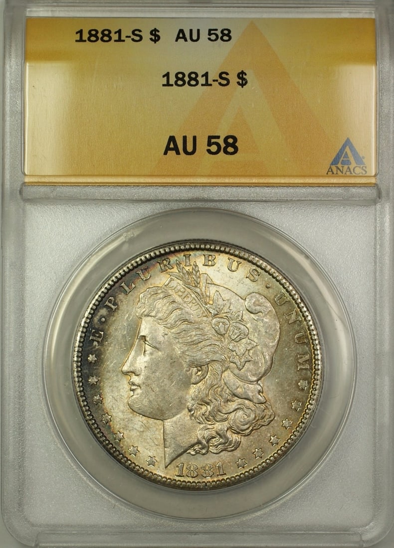 San Francisco 1881 Morgan Dollar ANACS AU-58 Silver Coin With Toning: San Francisco 1881 Morgan Dollar ANACS AU-58 Silver Coin With Toning This 1881-S Morgan Silver Dollar is a $1 coin certified by ANACS with a grade of AU-58. Minted in San Francisco, it features attrac