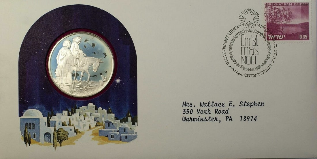 Sterling Silver 0.9 Ozt 1975 Bethlehem Christmas Proof Medal with First Day Cover: Sterling Silver 0.9 Ozt 1975 Bethlehem Christmas Proof Medal with First Day Cover This is a 1975 Christmas in Bethlehem sterling silver proof medal, weighing 0.9 troy ounces, presented in a First Day 