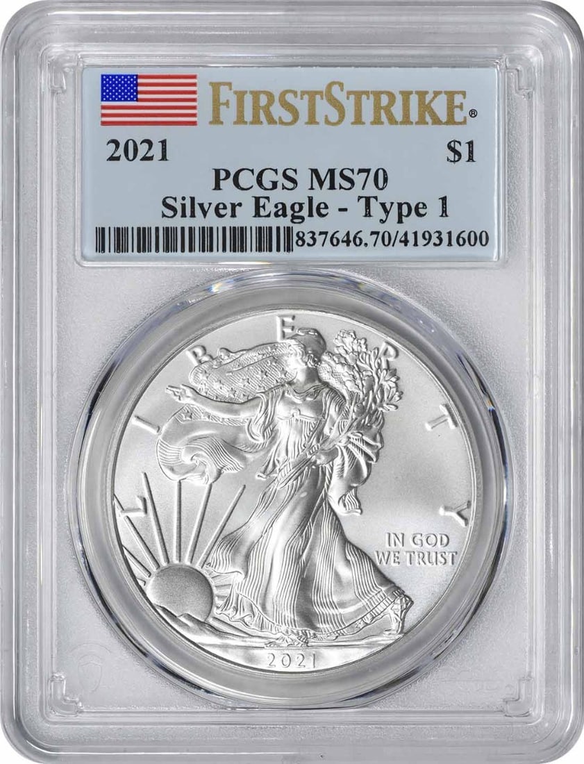 PCGS MS70 First Strike 2021 Silver American Eagle Dollar Coin Type 1: PCGS MS70 First Strike 2021 Silver American Eagle Dollar Coin Type 1 This 2021 $1 American Silver Eagle Type 1 coin is graded MS70 by PCGS and features the First Strike designation. Struck by the U.S.