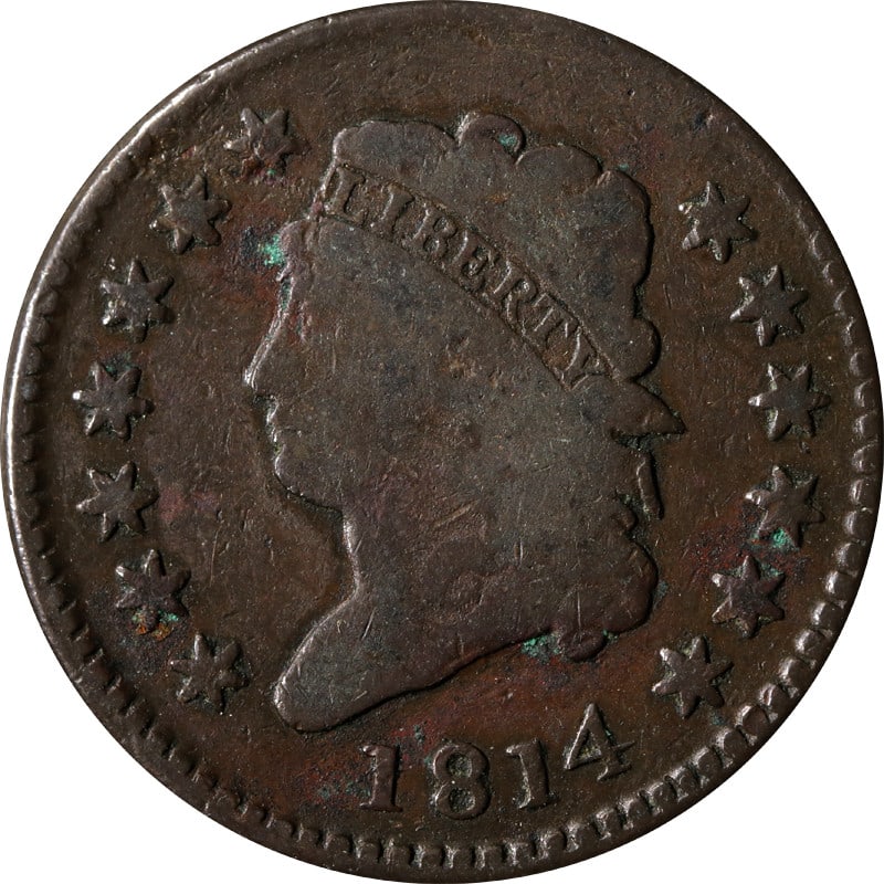 1814 United States copper large cent: 1814 United States copper large cent This 1814 Large Cent is a circulated coin from the United States, composed of copper. It is an uncertified, pre-owned piece dating back to the early 19th century, 