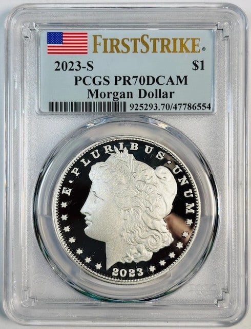PCGS PR70 Proof 2023 San Francisco Morgan Silver Dollar First Strike: PCGS PR70 Proof 2023 San Francisco Morgan Silver Dollar First Strike This 2023 S Morgan Silver Dollar is a proof coin graded PR-70 DCAM by PCGS, indicating flawless quality. Struck at the San Francisc