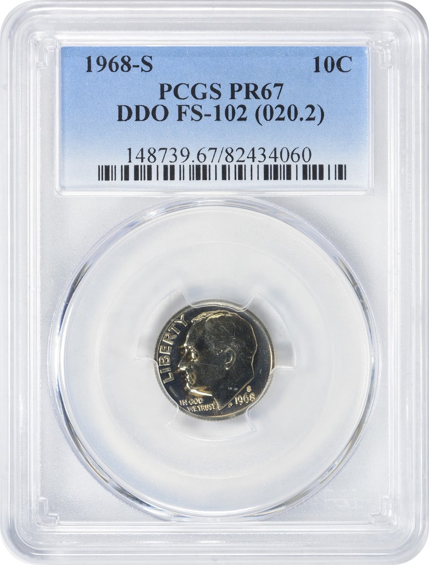 1968-S Roosevelt Dime DDO FS-102 PR67 Certified by PCGS: 1968-S Roosevelt Dime DDO FS-102 PR67 Certified by PCGS This 1968-S Roosevelt Dime is a stunning proof coin graded PR67 by PCGS, ensuring its high quality and appeal to collectors. Struck at the San F
