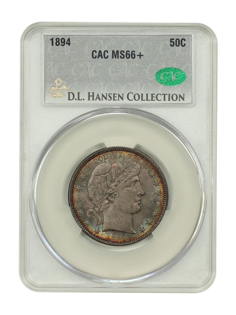 1894 Barber Half Dollar 50C CACG MS66+ D.L. Hansen: 1894 Barber Half Dollar 50C CACG MS66+ D.L. Hansen This 1894 Barber Half Dollar is an exceptional specimen, certified by CACG with a grade of MS66+. It was minted in Philadelphia and is part of a limi