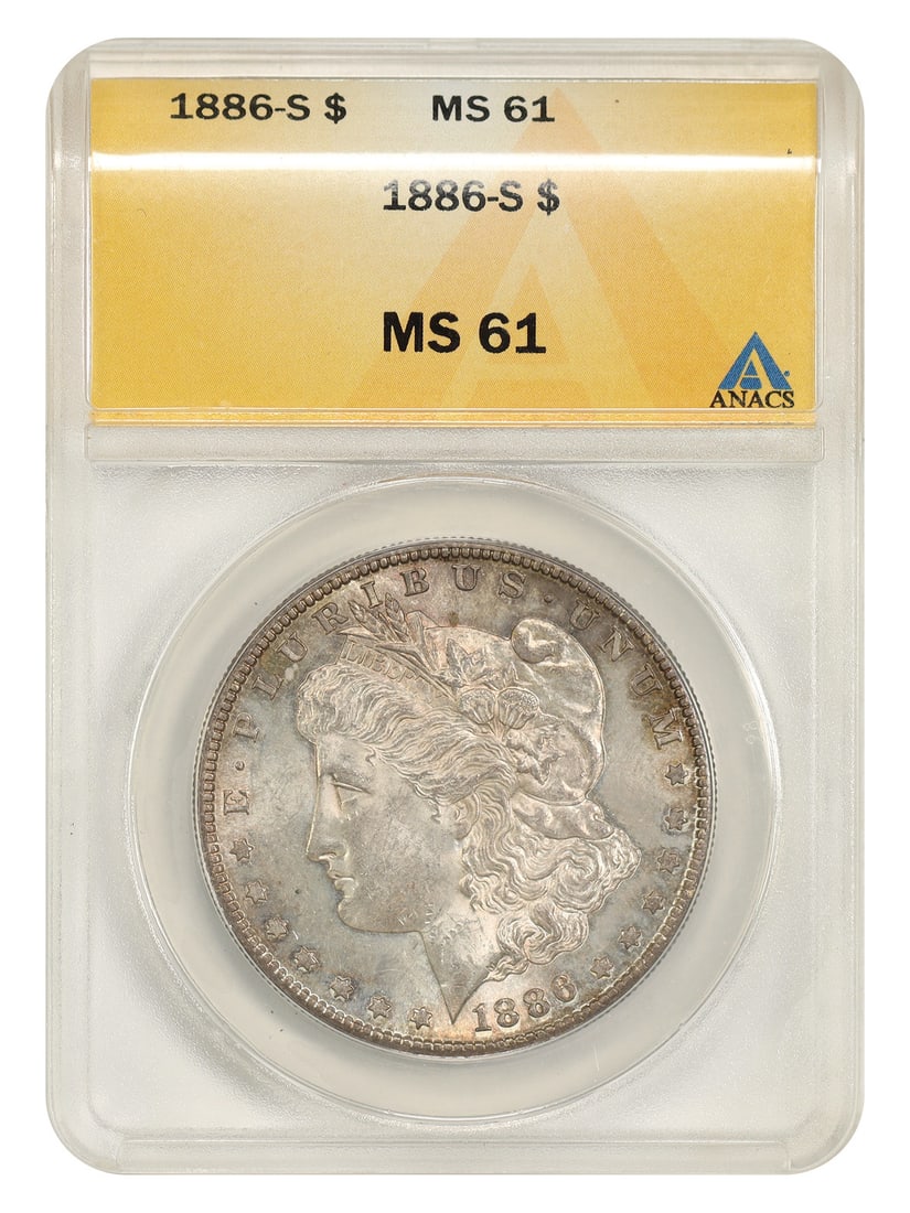 1886-S Morgan Dollar ANACS MS61 San Francisco Mint: 1886-S Morgan Dollar ANACS MS61 San Francisco Mint This 1886 Morgan Dollar was struck at the San Francisco Mint and is graded MS61 by ANACS. With a low mintage of only 750,000 coins, this issue is not