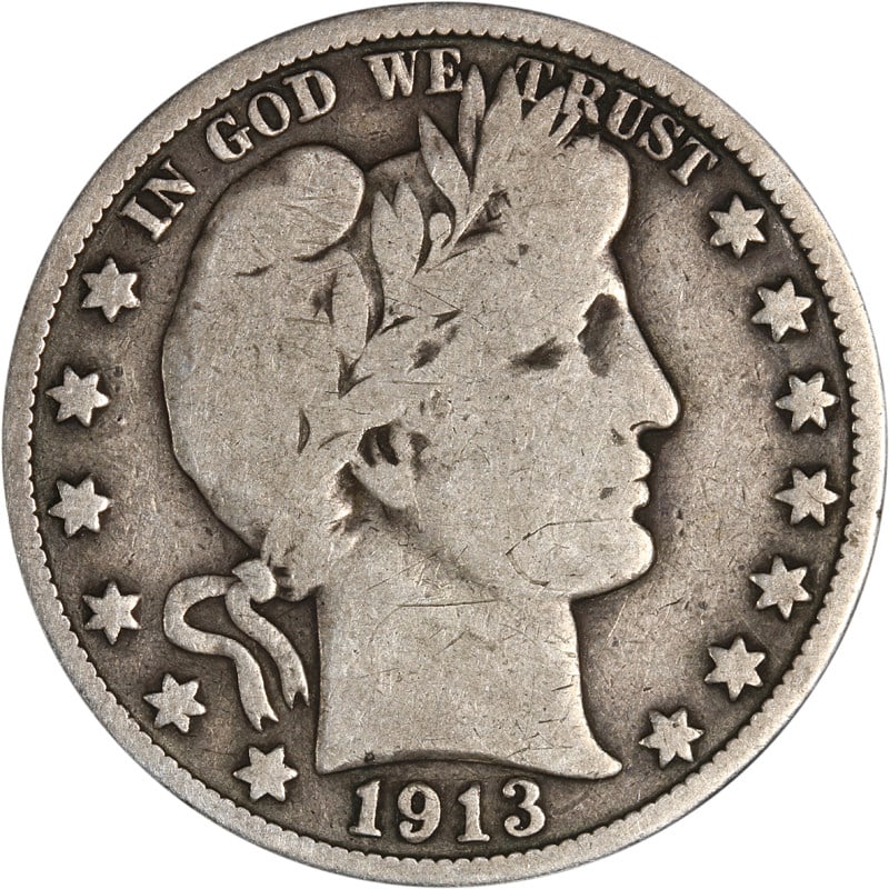 1913 Silver Half Dollar from Philadelphia Barber Series: 1913 Silver Half Dollar from Philadelphia Barber Series This 1913-P Barber Half Dollar was minted in Philadelphia and is composed of silver. The coin is circulated and uncertified, making it a collect