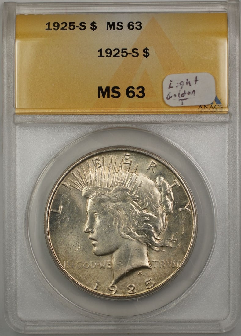 ANACS MS 63 1925-S Peace Dollar with Light Golden Toning: ANACS MS 63 1925-S Peace Dollar with Light Golden Toning This 1925-S Peace Silver Dollar is certified by ANACS with a grade of MS 63, indicating it is in uncirculated condition. The coin features attr